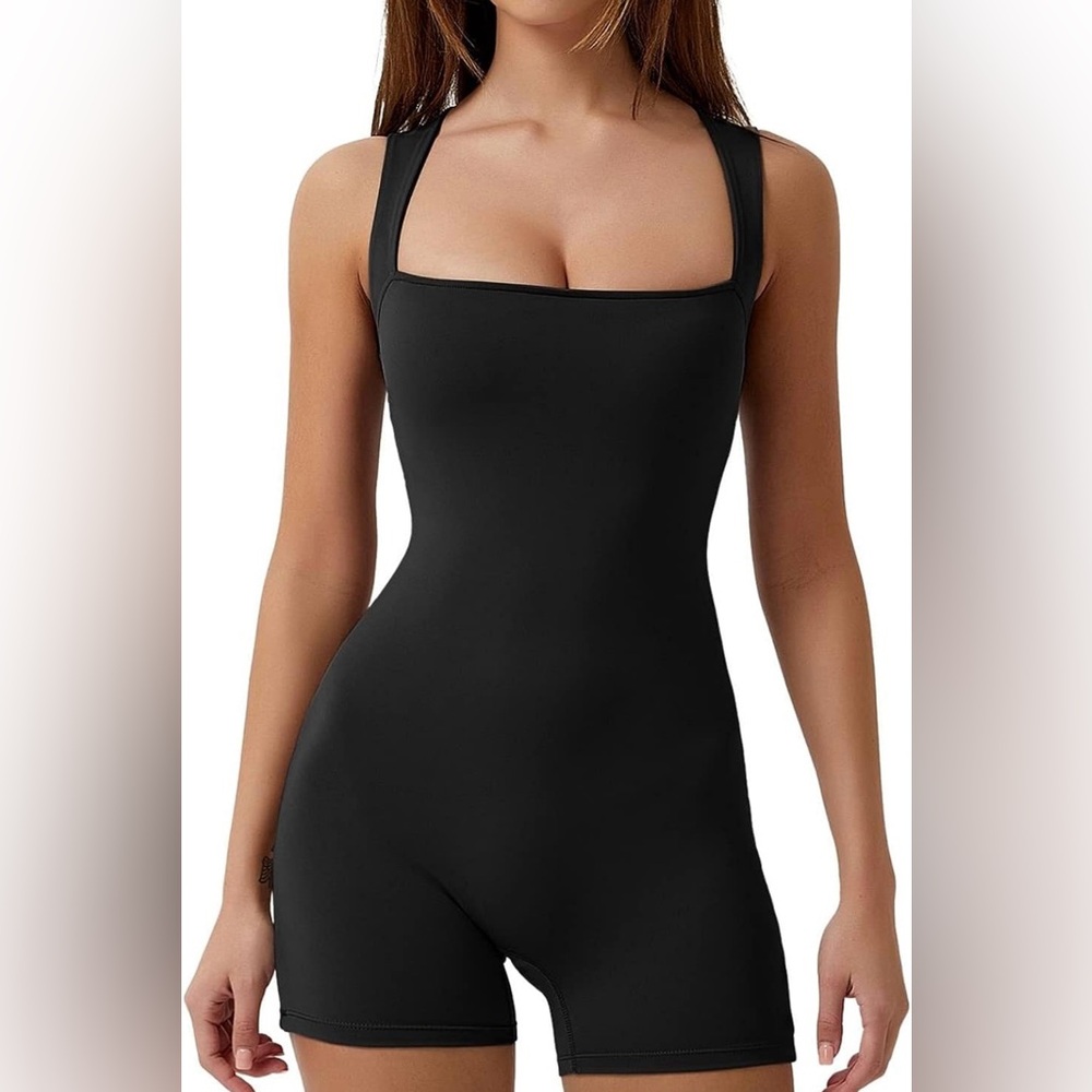 QINSEN Square Neck Tank Top Tummy Control Bodycon Stretch Shorts Jumpsuit